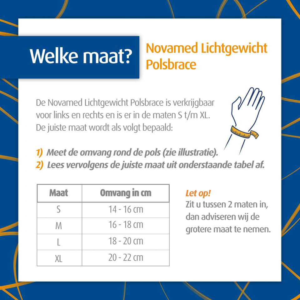 novamed lichtgewicht polsbrace beschikbaar in zwart en beige maattabel