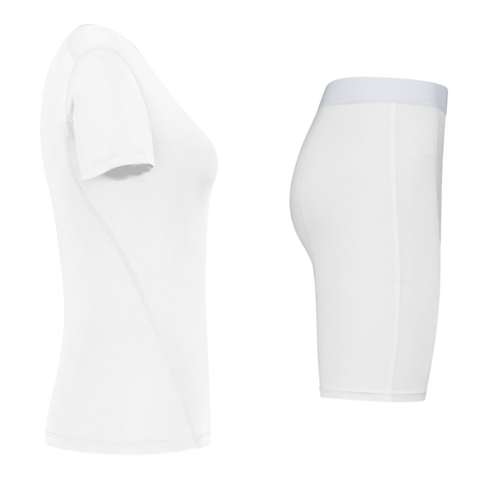gladiator sports pakket compressiebroek en shirt dames shirt in wit vanaf de zijkant gefotografeerd