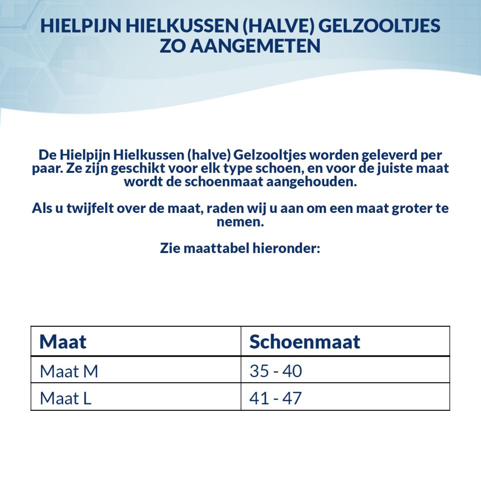 hielpijn hielkussen halve gelzooltjes per paar maattabel