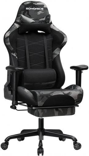Gamestoel met kantelfunctie en voetensteun (zwart/grijze camouflage print)