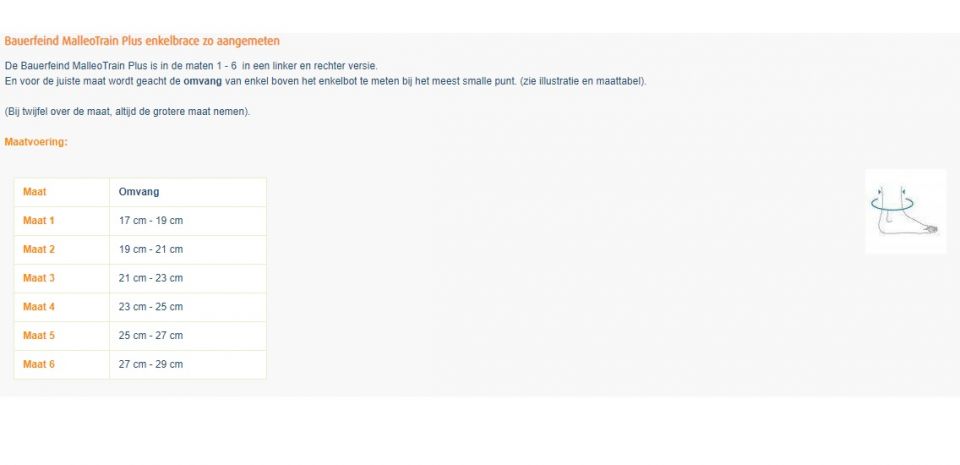 Maattabel Enkelbrace Bauerfeind MalleoTrain Plus