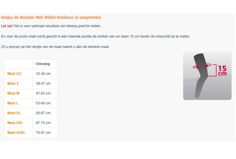 Maattabel DonJoy OA Reaction Web Kniebrace