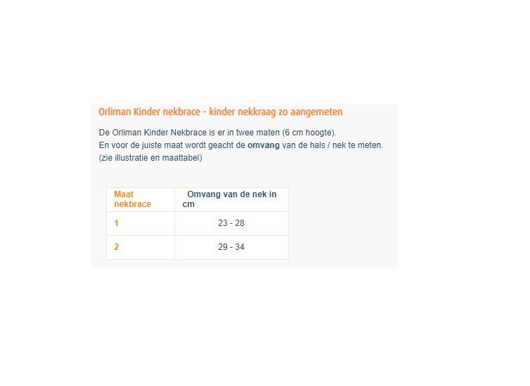 Maattabel Orliman Kinder Nekbrace nekkraag